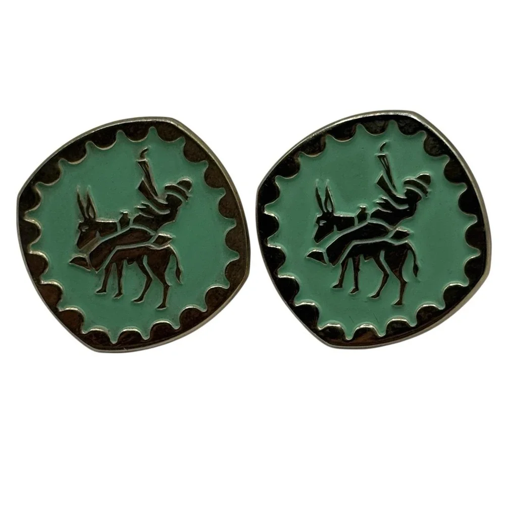 Western Man on Donkey Jackass Bullet Back Cufflinks Teal Green Gold Tone Vintage